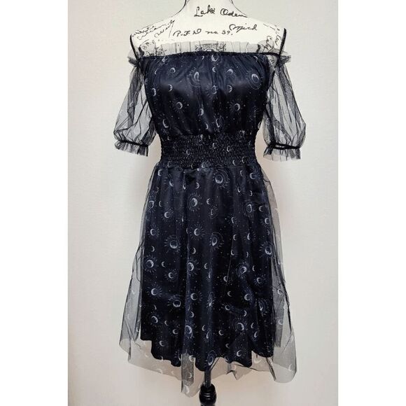 Off Shoulder Goth Witch Moon Print Contrast Mesh Flared Shirred Dress L NWT - Picture 2 of 16